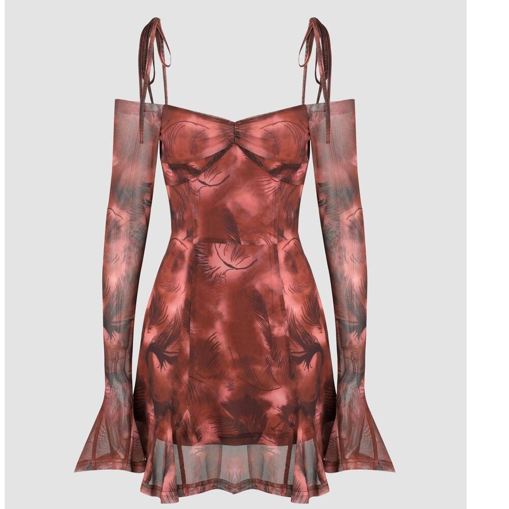 Cider Red Mesh Long Bell Sleeved Off The Shoulder Mini Dress Women's XS